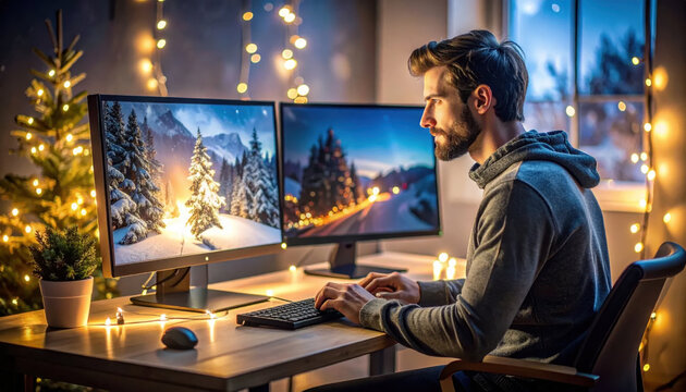 Christmas workspace man computer monitor home office holiday light bokeh decoration tree winter snow keyboard desk technology screen night male adult beard casual hoodie warm Christmas concept