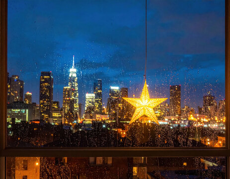 City skyline night rain window star light decoration cityscape urban reflection City skyline night rain window star light decoration cityscape urban reflection create warm Christmas concept