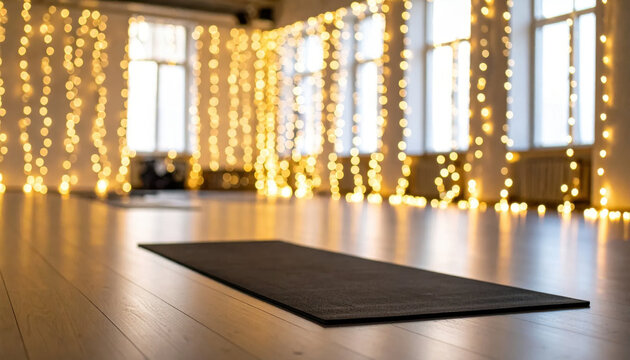 Cozy yoga exercise mat empty studio christmas light holiday decor wooden floor warm glow relaxation meditation wellness practice Soft cozy yoga exercise mat empty studio with Christmas concept