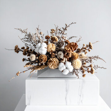 Dried flower cotton floral arrangement marble pedestal neutral color minimal rustic bouquet interior decor modern style dried flower cotton floral arrangement marble pedestal Christmas concept