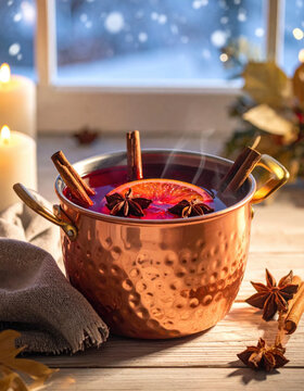 Mulled wine hot drink copper mug winter cozy cinnamon stick orange slice star anise holiday season warm beverage festive mood aromatic mulled wine hammered copper mug with Christmas concept
