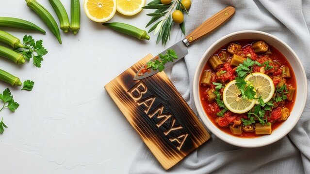 Gourmet bamya bil zeit okra stew in tomato lemon sauce, elegant traditional presentation with fresh green copy space