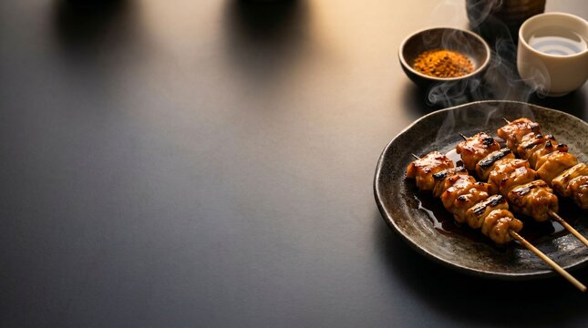 Japanese grilled yakitori chicken skewers with tare glaze and steam on dark plate with copy space