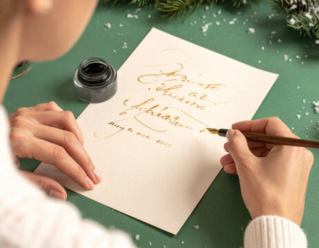 Woman hand calligraphy ink pen paper letter green table holiday script handwriting art artist writing craft card greeting seasonal celebration snow flake white sweater Christmas concept