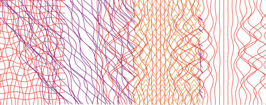 Abstract graphic wallpaper with red, purple and yellow wavy lines and complex interwoven structures