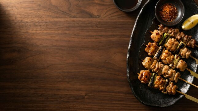 Overhead view of Japanese yakitori chicken skewers with tare sauce on dark ceramic platter with copy space