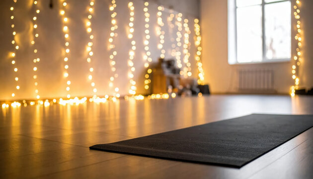 Yoga mat floor light bokeh studio interior calm warm glow yoga mat on wooden floor with warm string light bokeh in peaceful studio interior for relaxation practice Christmas concept