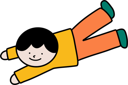 Hand drawn boy lying on stomach doing superman pose illustration isolated on white background