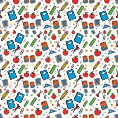 Cute Back to School Seamless Pattern with Doodles of School Supplies on White Background