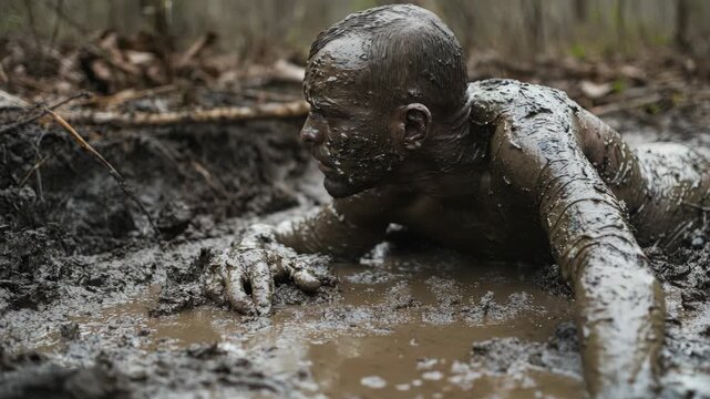 A person wading through a muddy pond with their hands out for balance