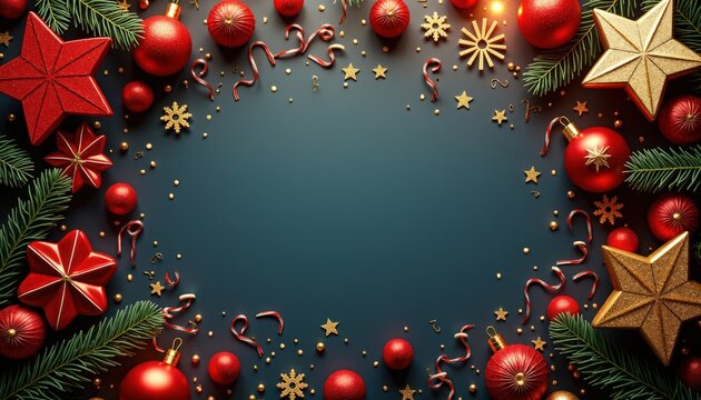 Festive Christmas decorations with red and gold ornaments, stars, and green pine branches creating a vibrant holiday frame. Christmas theme evokes joy and celebration, perfect for holiday cards.
