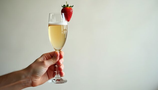 Champagne glass held up with strawberry garnish in hand. Champagne in glass showcases celebratory drink perfect for special events. Enjoy refreshing champagne for toasts and celebrations.