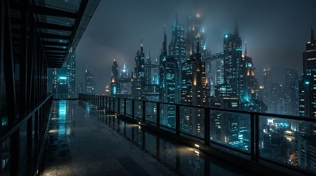 Cyberpunk urban nightscape featuring glowing neon towers and dense fog seen from a dark modern rooftop balcony