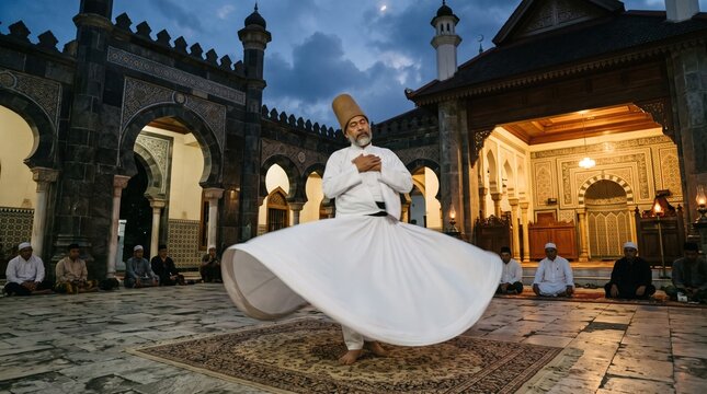 Sufi whirling dervish performing traditional mevlevi sama dance with middle east