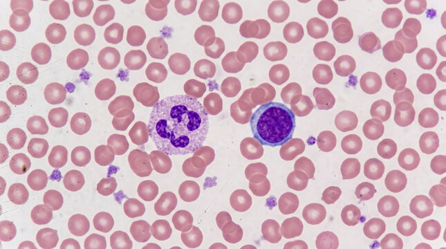Microscopic blood smear: Red blood cells, neutrophil, and lymphocyte