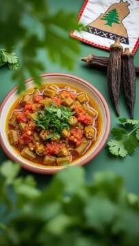 Gourmet bamya bil zeit okra stew in tomato lemon sauce, minimalist presentation with fresh green copy space