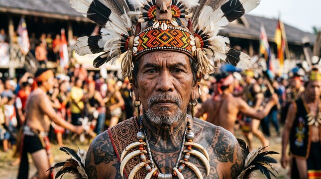 Dayak indigenous man wearing traditional tribal headdress with indigenous