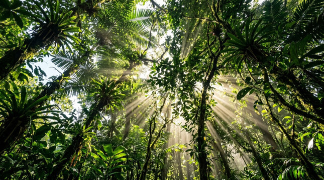 Sunbeams through lush rainforest canopy, dappled light, tropical jungle