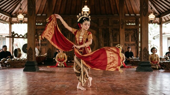 Young indonesian female dancer performing traditional dance in a pavilion