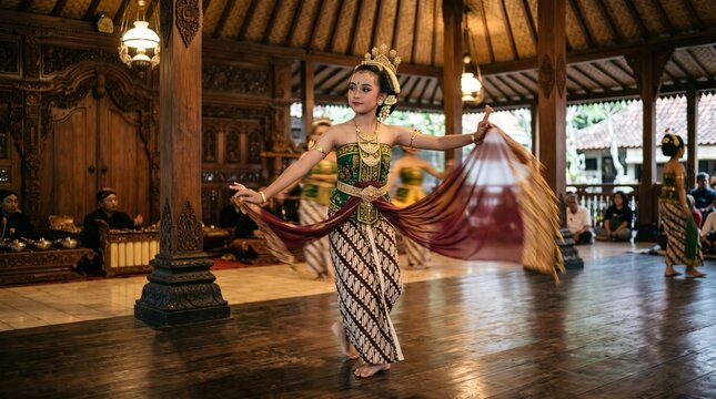 Graceful young dancer performing traditional indonesian dance in wooden pavilion