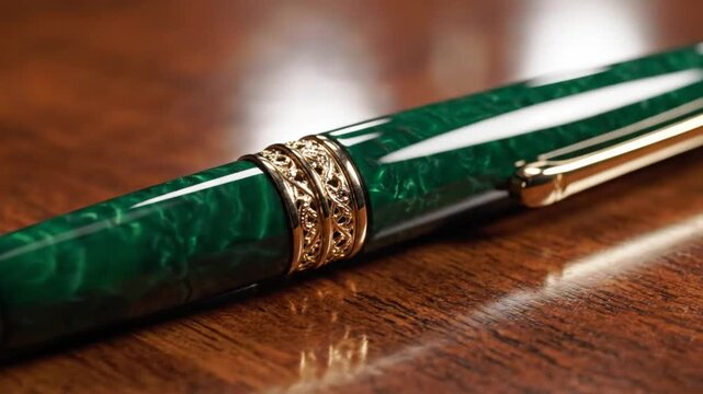 Luxurious Emerald Green Ballpoint Pen with Gold Accents Lying on Polished Wooden Surface