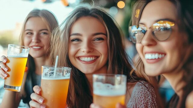 Friendly gathering with three smiling women celebrating with glasses of beer