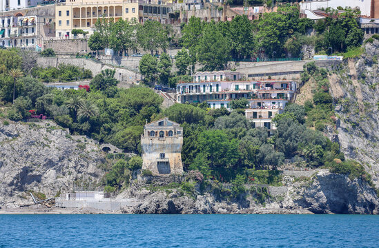Historic Crestarella Tower on the Rocky Coastline of Vietri sul Mare Italy.