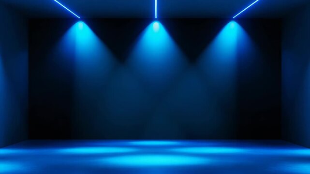 An empty stage with blue lights creating a dramatic effect.