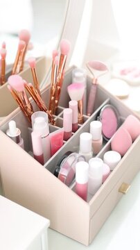 Woman putting brush into makeup organizer at table indoors, closeup