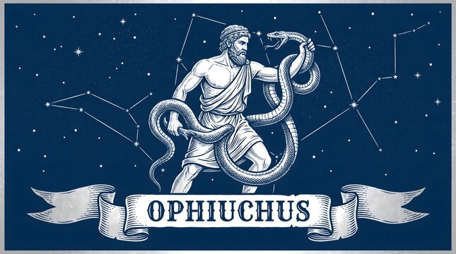 Vintage engraving illustration of Ophiuchus the serpent bearer constellation with starry night sky background