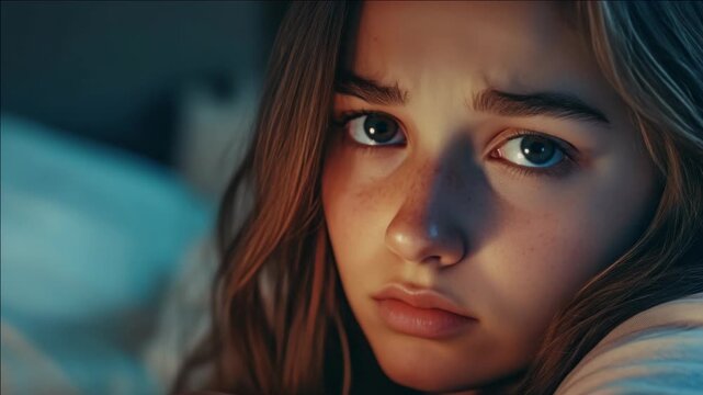 A young woman with light-colored eyes gazing off to the side. She has freckles and wavy hair. Her face is in focus against a blurred background that could be a pillow and blanket.