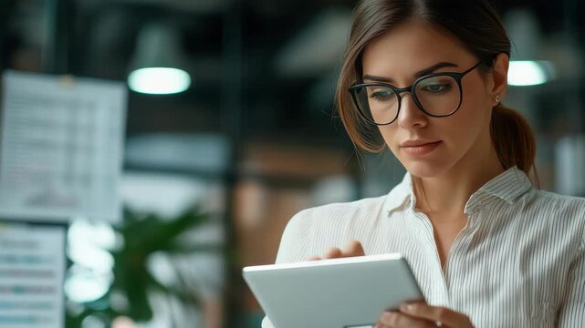A professional woman in glasses looking at a tablet computer screen with concentration.