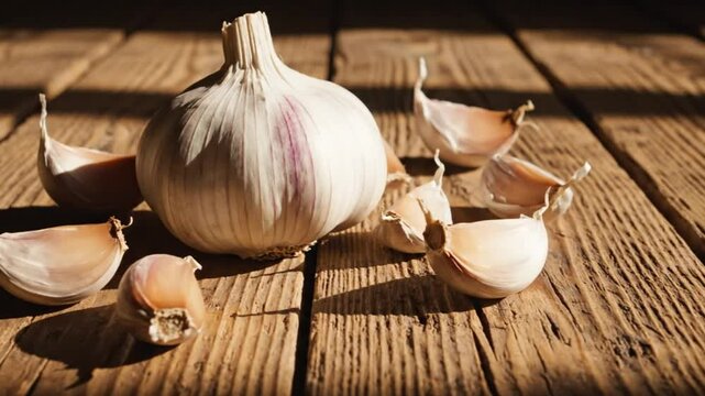 Close-up of a bulb of garlic and cloves resting on a rustic wooden table with bright sunlight.