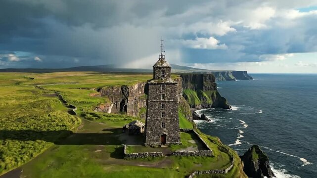 Drone view of O'Brien's Tower standing atop the iconic Cliffs of Moher on a cloudy day in Ireland