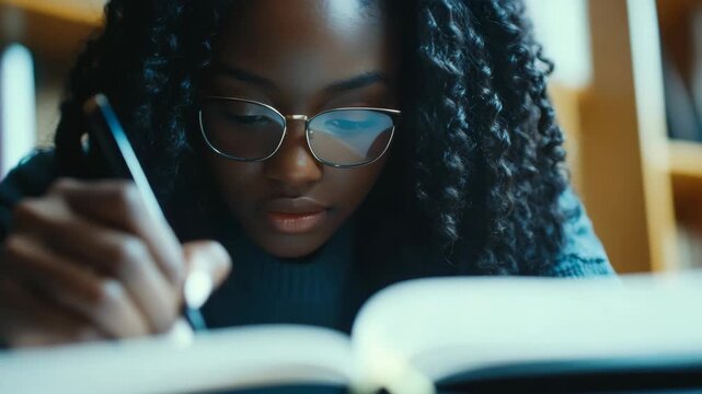 A young woman with glasses concentrating on her studies, writing in a notebook in a quiet library setting.