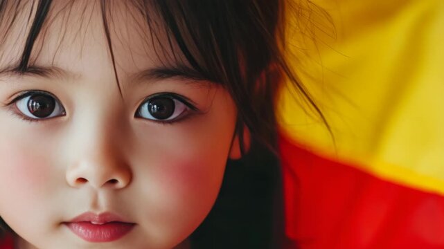A tender featuring a young girl with captivating eyes and delicate skin. Her gaze is directed towards the camera, evoking a sense of innocence and curiosity.