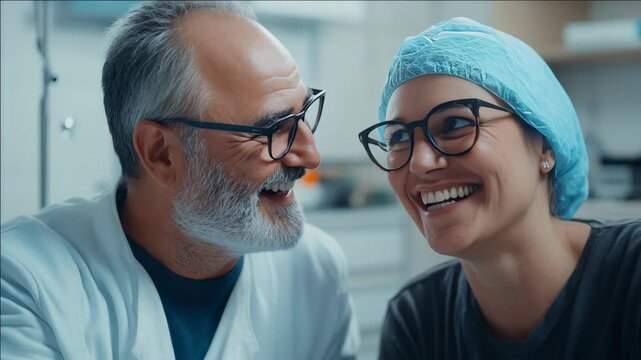 Smiling doctors, one wearing a blue gown and the other with a white coat and glasses, working happily together in a laboratory setting.