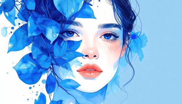 Watercolor portrait of beautiful woman with blue leaves and eyes