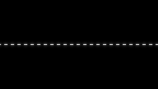 Simple white dashed line animation on a black background, ideal for road markings, highway lane dividers, traffic graphics, transportation videos, navigation interfaces, and motion design projects.