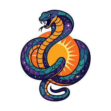 Cosmic cobra snake wrapped around a bright sun, celestial reptile vector illustration.