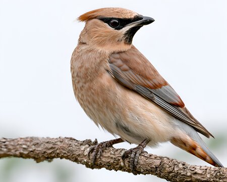 Detailed portrait of a Bohemian Waxwing bird perched on a branch looking to the right against a bright background