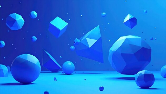 Floating blue 3D geometric shapes in abstract space