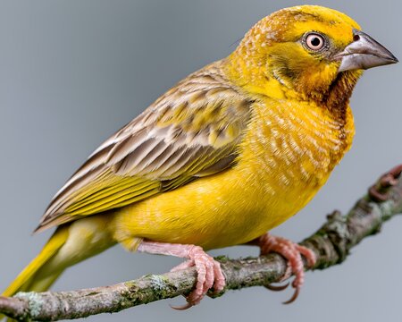 Close-up of a vibrant yellow weaver bird perched on a branch with detailed feathers against a soft background