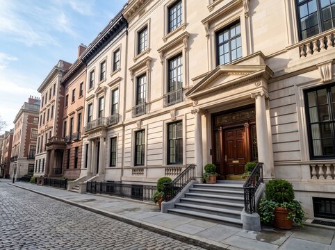 Row of classic townhouses with prominent columned entrance and cobblestone road