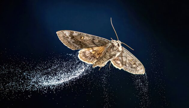 Brown moth flying through dark night leaving dust trail