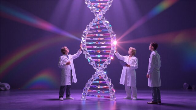 Scientists admire glowing DNA double helix under colorful stage lights.