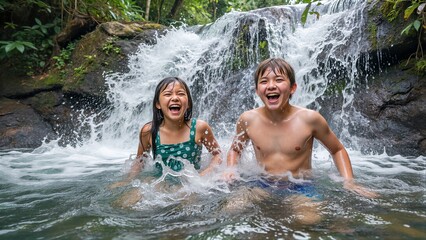 Fototapeta premium Two kids laugh joyfully in a waterfall, splashing happily in the jungle stream.