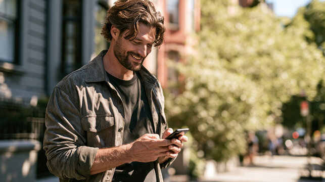 Candid outdoor lifestyle portrait of a smiling young professional man, wearing a suede gray overshirt over a black tee