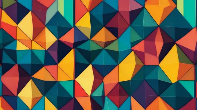 A vibrant mosaic art piece with geometric shapes in a variety of colors.