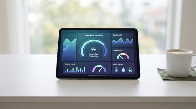 Modern tablet displaying analytics dashboard on desk.
